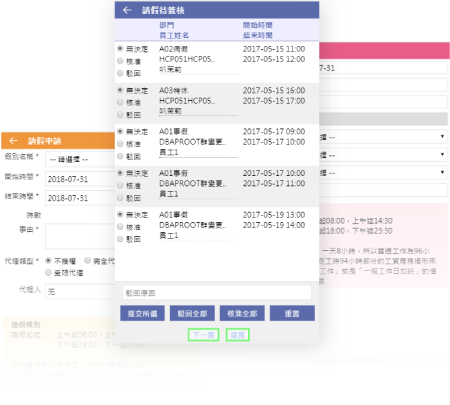 请假查询、加班查询、忘刷申请、忘刷查询